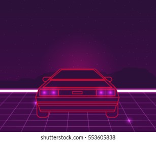 Retro Future, 80s Style Sci-Fi Background. Futuristic Car.