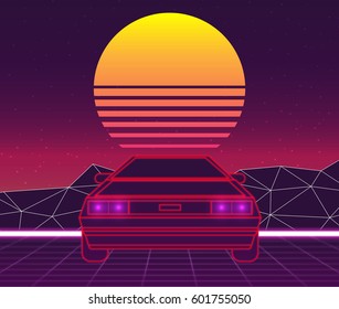 Retro Future, 80s Style Sci-Fi Background. Futuristic Car.