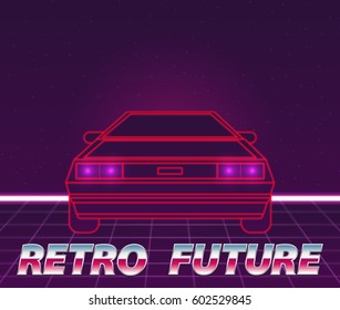 Retro future, 80s style Sci-Fi Background. Futuristic car.