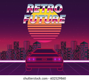 Retro future, 80s style Sci-Fi Background. Futuristic car.
