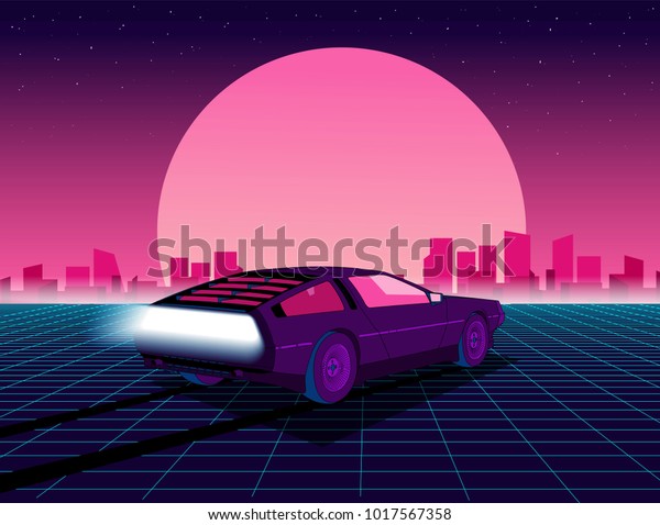 Retro\
future. 80s style sci-fi background with supercar. Futuristic retro\
car. Vector retro futuristic synth illustration in 1980s posters\
style. Suitable for any print design in 80s\
style