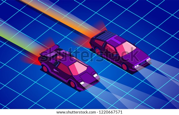 Retro future. 80s style sci-fi background with\
supercars. Futuristic retro cars. Vector retro futuristic synth\
illustration in 1980s posters style. Suitable for any print design\
in 80s style. Vector
