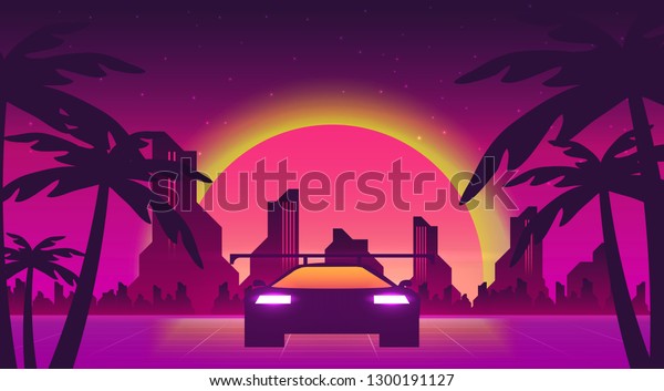 Retro future, 80s style Sci-Fi Background.\
Futuristic car.