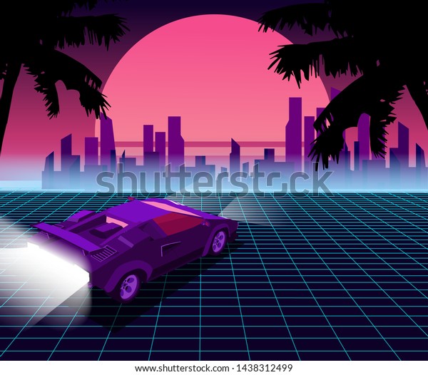 レトロな未来 80年代のスタイルのsf背景とスーパーカー 未来的なレトロな車 1980年代のポスタースタイルのレトロな未来 的なシンチイラスト 80年代スタイルの印刷デザインに適しています のベクター画像素材 ロイヤリティフリー