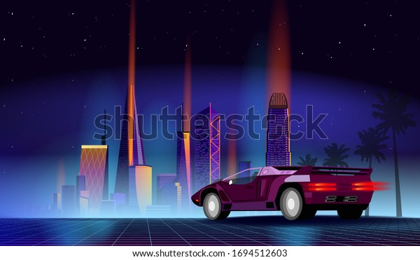 Retro future. 80s style sci-fi background with
supercar. Futuristic retro car and city. Vector retro futuristic
synth illustration in 1980s posters style. Suitable for any print
design in 80s style