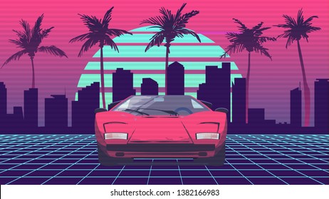Retro future 80s  style sport, supercar on the background of the city and palm trees with blue sun on a striped background. sci-fi night with red sport car on neon grid.