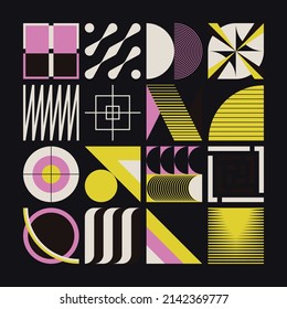 Retro Future Art inspired vector pattern artwork made with abstract geometric shapes and bold forms. Digital graphics design for poster, cover, art, presentation, prints, fabric, wallpaper and etc.