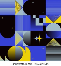 Retro Future Art inspirierte Vektormuster-Kunstwerke, die mit abstrakten geometrischen Formen und fetten Formen erstellt wurden. Digitales Grafikdesign für Poster, Cover, Kunst, Präsentation, Drucke, Gewebe, Tapeten usw.