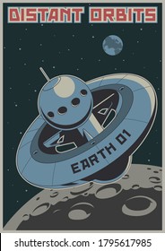 Retro Future Illustration, Space Station, Moon Surface, Earth, Outer Space 