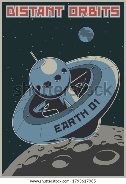 Retro Future Illustration, Space Station, Moon\
Surface, Earth, Outer Space\
