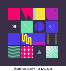 Retro future inspired artwork of vector abstract symbols with bright neon colored geometric shapes, useful for web background, poster art design, magazine front page, hi-tech print, cover artwork.