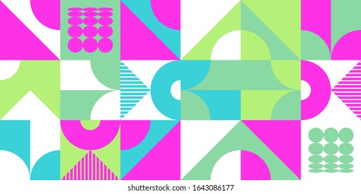 Retro future inspired artwork of vector abstract symbols with bright neon colored geometric shapes, useful for web background, poster art design, magazine front page, hi-tech print, cover artwork.