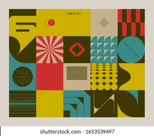 Retro future inspired artwork of vector abstract symbols with bright neon colored geometric shapes, useful for web background, poster art design, magazine front page, hi-tech print, cover artwork.