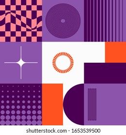 Retro future inspired artwork of vector abstract symbols with bright neon colored geometric shapes, useful for web background, poster art design, magazine front page, hi-tech print, cover artwork.