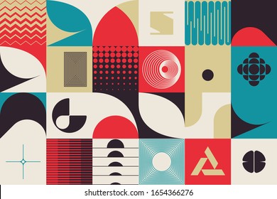 Retro future inspired artwork of vector abstract symbols with bright neon colored geometric shapes, useful for web background, poster art design, magazine front page, hi-tech print, cover artwork.