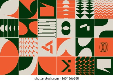 Retro future inspired artwork of vector abstract symbols with bright neon colored geometric shapes, useful for web background, poster art design, magazine front page, hi-tech print, cover artwork.