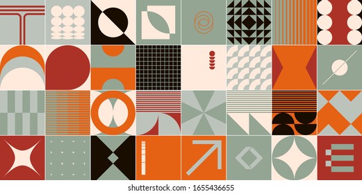 Retro future inspired artwork of vector abstract symbols with bright neon colored geometric shapes, useful for web background, poster art design, magazine front page, hi-tech print, cover artwork.