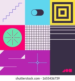 Retro future inspired artwork of vector abstract symbols with bright neon colored geometric shapes, useful for web background, poster art design, magazine front page, hi-tech print, cover artwork.