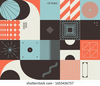 Retro future inspired artwork of vector abstract symbols with bright neon colored geometric shapes, useful for web background, poster art design, magazine front page, hi-tech print, cover artwork.
