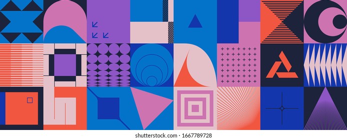 Retro future inspired artwork of vector abstract symbols with bright neon colored geometric shapes, useful for web background, poster art design, magazine front page, hi-tech print, cover artwork.