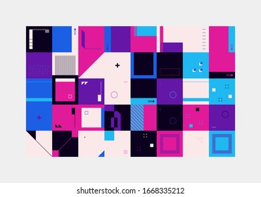 Retro future inspired artwork of vector abstract symbols with bright neon colored geometric shapes, useful for web background, poster art design, magazine front page, hi-tech print, cover artwork.