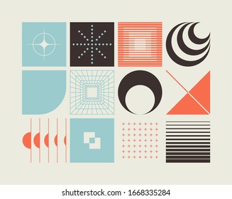 Retro future inspired artwork of vector abstract symbols with bright neon colored geometric shapes, useful for web background, poster art design, magazine front page, hi-tech print, cover artwork.