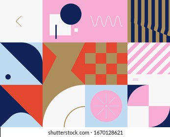 Retro future inspired artwork of vector abstract symbols with bright neon colored geometric shapes, useful for web background, poster art design, magazine front page, hi-tech print, cover artwork.