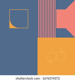 Retro future inspired artwork of vector abstract symbols with bright neon colored geometric shapes, useful for web background, poster art design, magazine front page, hi-tech print, cover artwork.