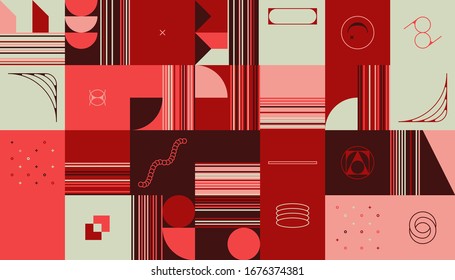Retro future inspired artwork of vector abstract symbols with bright neon colored geometric shapes, useful for web background, poster art design, magazine front page, hi-tech print, cover artwork.