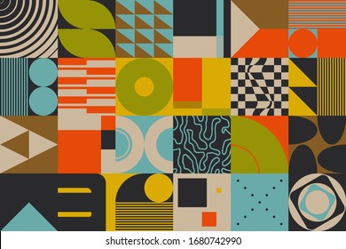 Retro future inspired artwork of vector abstract symbols with pastel colored geometric shapes, useful for web background, poster art design, magazine front page, retro prints, cover artwork.