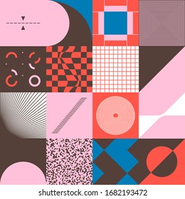 Retro future inspired artwork of vector abstract symbols with bright neon colored geometric shapes, useful for web background, poster art design, magazine front page, hi-tech print, cover artwork.