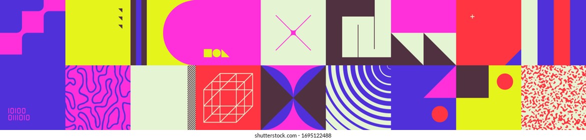 Retro future inspired artwork of vector abstract symbols with bright neon colored geometric shapes, useful for web background, poster art design, magazine front page, hi-tech print, cover artwork.