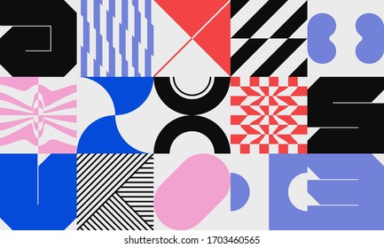 Retro future inspired artwork of vector abstract symbols with bright neon colored geometric shapes, useful for web background, poster art design, magazine front page, hi-tech print, cover artwork.