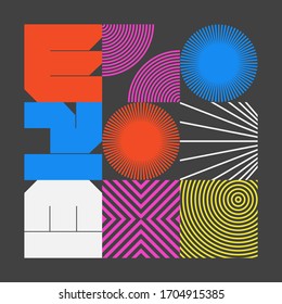 Retro future inspired artwork of vector abstract symbols with bright neon colored geometric shapes, useful for web background, poster art design, magazine front page, hi-tech print, cover artwork.