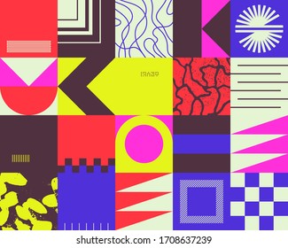Retro future inspired artwork of vector abstract symbols with bright neon colored geometric shapes, useful for web background, poster art design, magazine front page, hi-tech print, cover artwork.