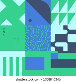 Retro future inspired artwork of vector abstract symbols with bright neon colored geometric shapes, useful for web background, poster art design, magazine front page, hi-tech print, cover artwork.