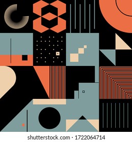 Retro future inspired artwork of vector abstract symbols with bright neon colored geometric shapes 