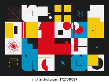 Retro future inspired artwork of vector abstract symbols with bright neon colored geometric shapes, useful for web background, poster art design, magazine front page, hi-tech print, cover artwork.