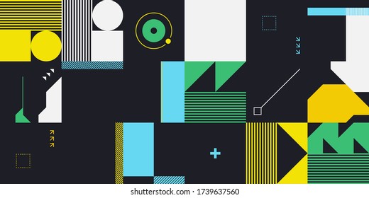 Retro future inspired artwork of vector abstract symbols with bright neon colored geometric shapes, useful for web background, poster art design, magazine front page, hi-tech print, cover artwork.