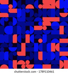 Retro future inspired artwork of vector abstract symbols with bright neon colored geometric shapes, useful for web background, poster art design, magazine front page, hi-tech print, cover artwork.