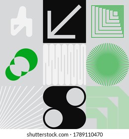 Retro future inspired artwork of vector abstract symbols with bright neon colored geometric shapes, useful for web background, poster art design, magazine front page, hi-tech print, cover artwork.
