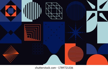 Retro future inspired artwork of vector abstract symbols with bright neon colored geometric shapes, useful for web background, poster art design, magazine front page, hi-tech print, cover artwork.
