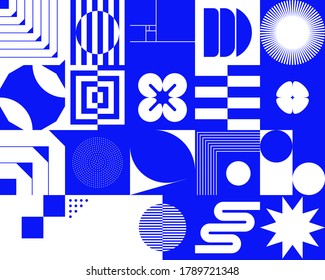 Retro future inspired artwork of vector abstract symbols with bright neon colored geometric shapes, useful for web background, poster art design, magazine front page, hi-tech print, cover artwork.