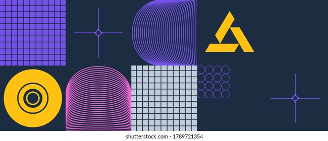 Retro future inspired artwork of vector abstract symbols with bright neon colored geometric shapes, useful for web background, poster art design, magazine front page, hi-tech print, cover artwork.