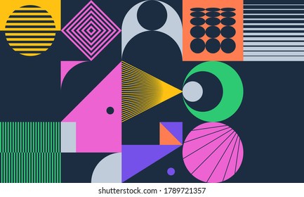 Retro future inspired artwork of vector abstract symbols with bright neon colored geometric shapes, useful for web background, poster art design, magazine front page, hi-tech print, cover artwork.