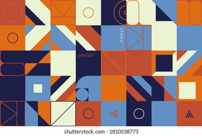 Retro future inspired artwork of vector abstract symbols with bright neon colored geometric shapes, useful for web background, poster art design, magazine front page, hi-tech print, cover artwork.