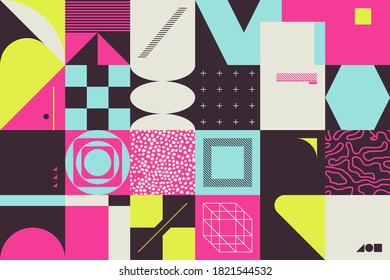 Retro future inspired artwork of vector abstract symbols with bright neon colored geometric shapes, useful for web background, poster art design, magazine front page, hi-tech print, cover artwork.