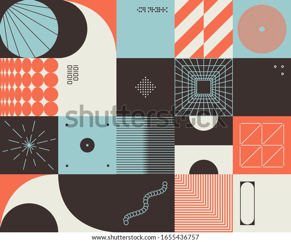 Retro future inspired artwork of vector abstract
symbols with bright neon colored geometric shapes, useful for web
background, poster art design, magazine front page, hi-tech print,
cover artwork.