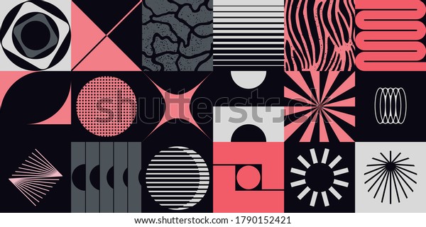 Retro future inspired artwork of vector abstract
symbols with bright neon colored geometric shapes, useful for web
background, poster art design, magazine front page, hi-tech print,
cover artwork.