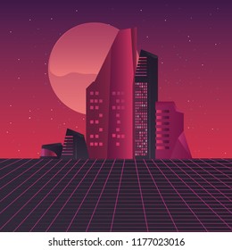 retro future label with buildings scene